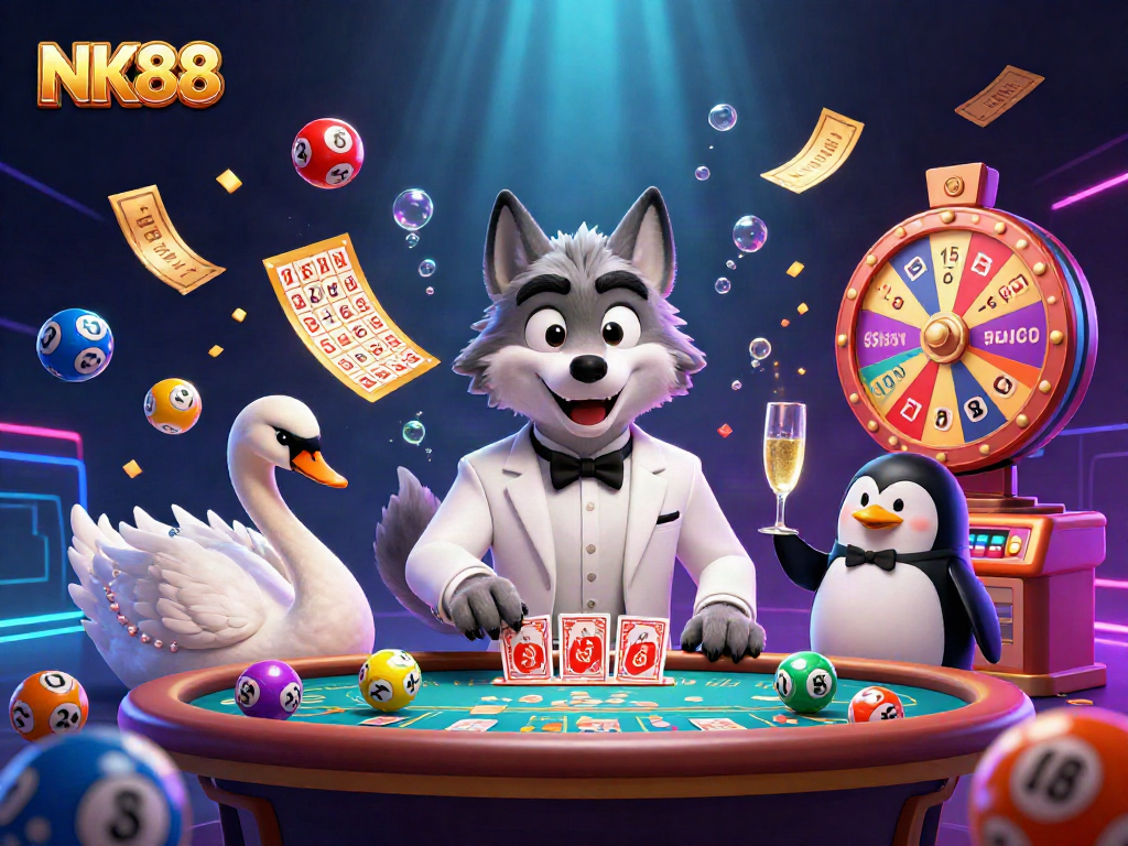 Join the NK88 gaming fun with a debonair wolf, elegant swan, and penguin sommelier!