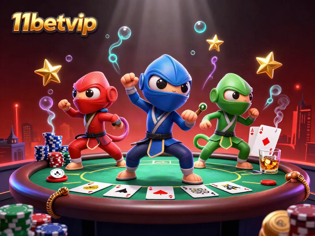 Experience thrilling gambling action with 11betvip's colorful chameleon ninjas and vibrant poker elements in 3D