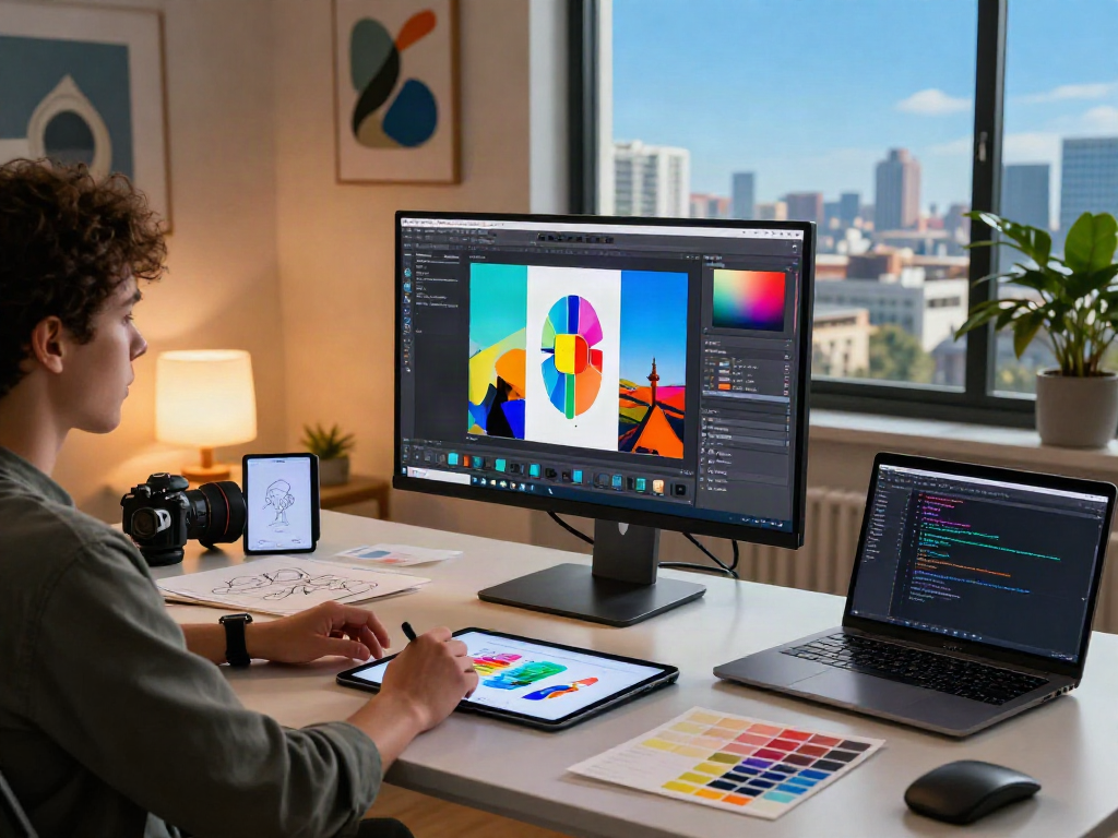 Graphic designer using a free AI image editor on a vibrant workspace with tools and decor.
