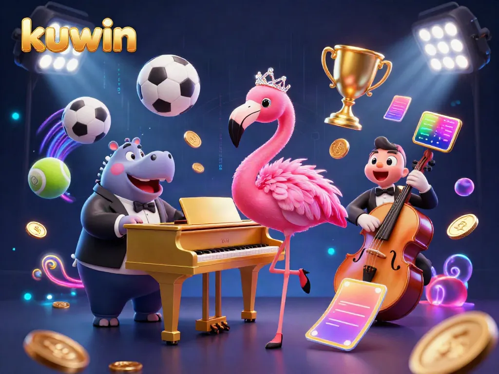 Kuwin captures the excitement of gaming with a vibrant flamingo singer at a golden piano, surrounded by sports elements.
