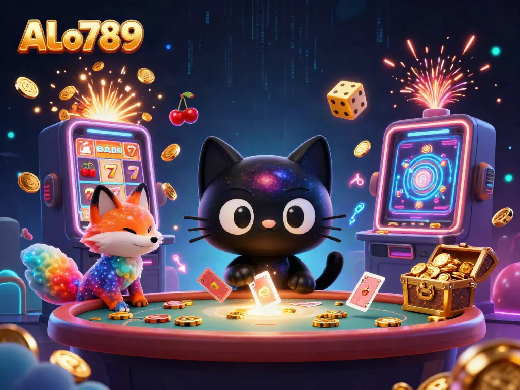 Experience the excitement of ALo789 as a cosmic cat pulls in chips at a lively casino table.