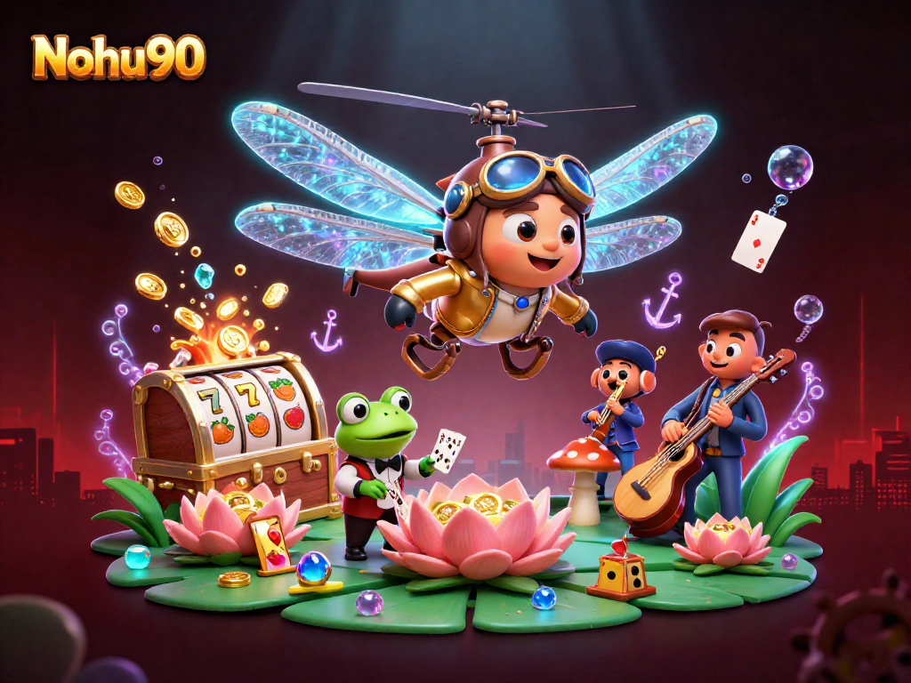 Nohu90 casino scene with a dragonfly pilot, frog croupier, and jazz musicians amidst vibrant casino elements.
