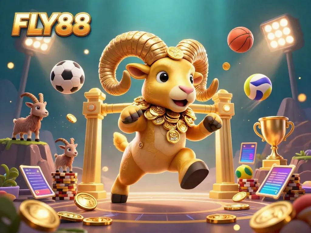 Experience the excitement of FLY88 with a dynamic 3D casino scene featuring games and sports elements.