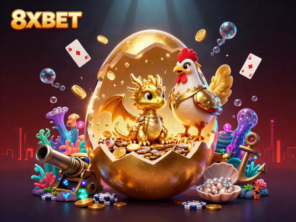 Engage with the thrilling world of 8XBET featuring a golden dragon, poker chips, and vibrant underwater treasures.