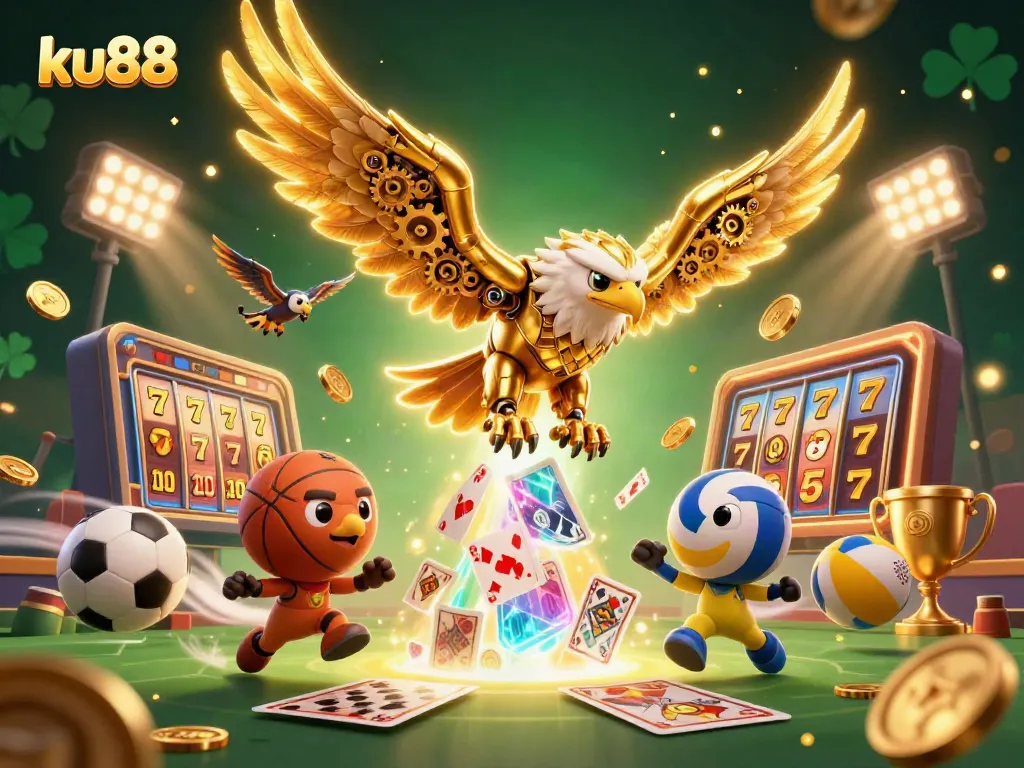 ku88 showcases dynamic casino gaming with a golden eagle soaring through a cascade of vibrant slot game elements.