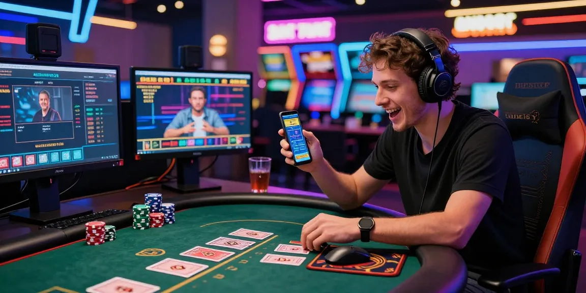 Giocatore immerso in siti non AAMS con tavolo da poker virtuale e atmosfera vivace.