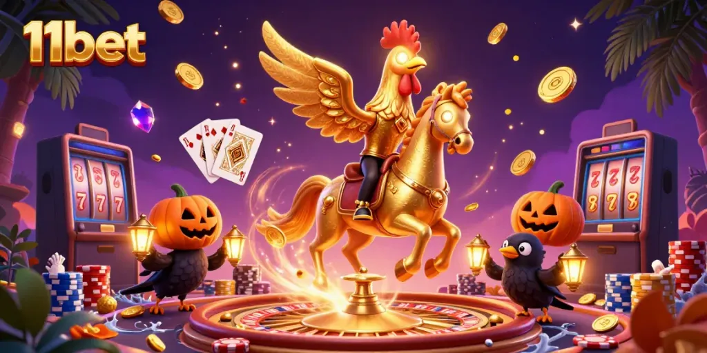 Experience thrilling 11bet casino action with vibrant characters and sparkling elements in this dynamic illustration.