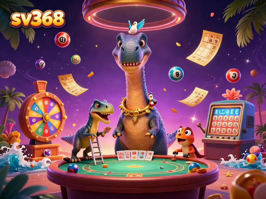 Experience thrilling gameplay at sv368 with a colorful casino scene featuring a towering dinosaur and lively characters.