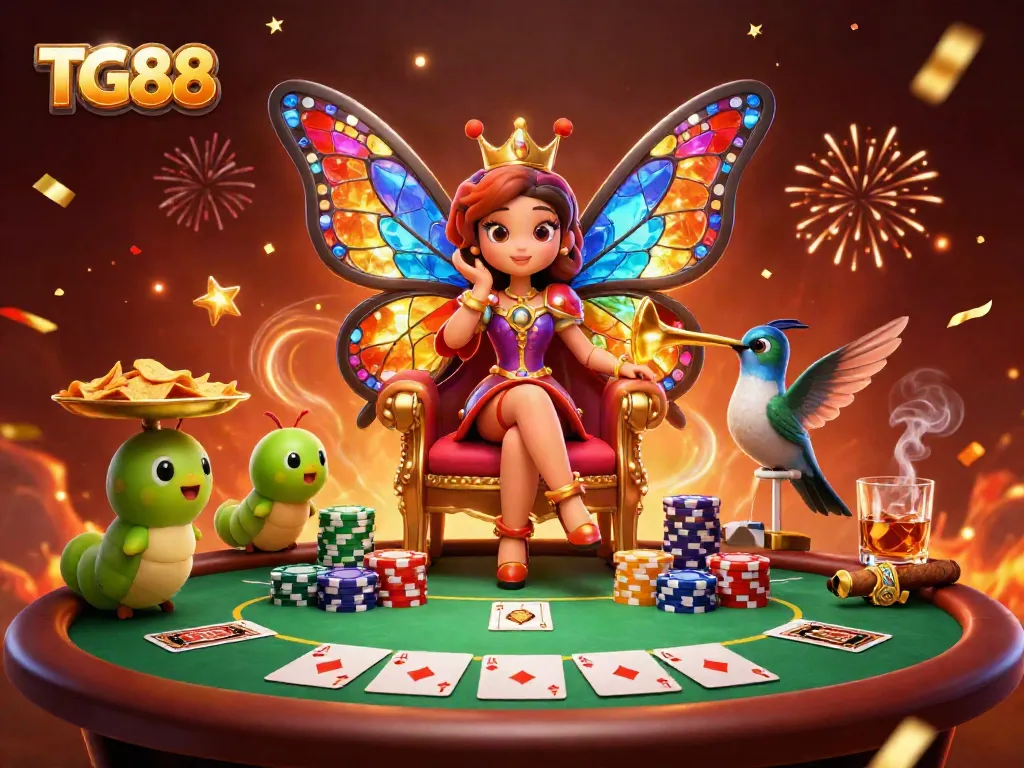 Experience the vibrant casino atmosphere of TG88 with a butterfly queen and poker elements in this dynamic illustration.