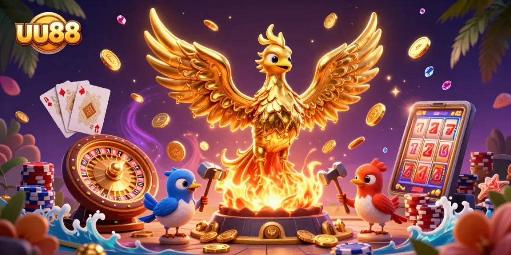 Experience thrilling gambling action with the uu88 golden phoenix soaring among coins and casino elements.