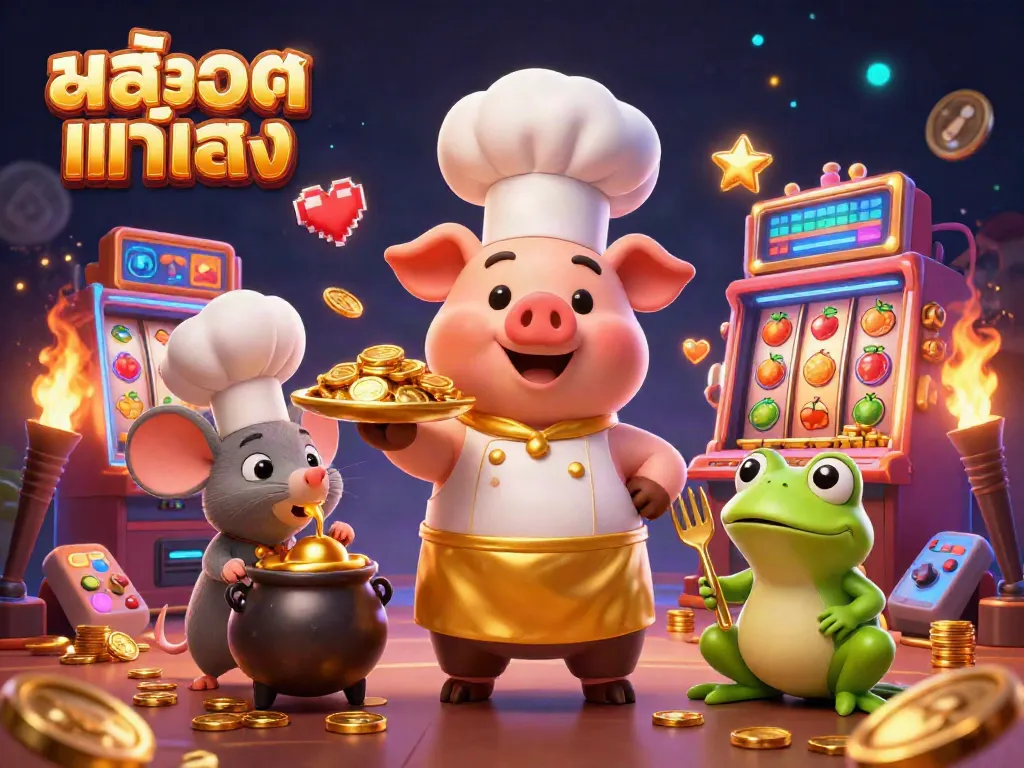 Engage with สล็อตแท้ตรง in a vibrant casino scene featuring a chef pig, sous-chef mouse, and critic frog.