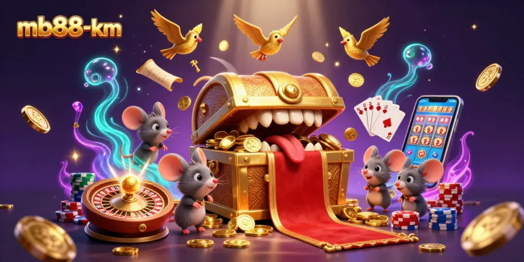 Win big with mb88-km in this vibrant casino scene of spinning roulette and golden treasures.