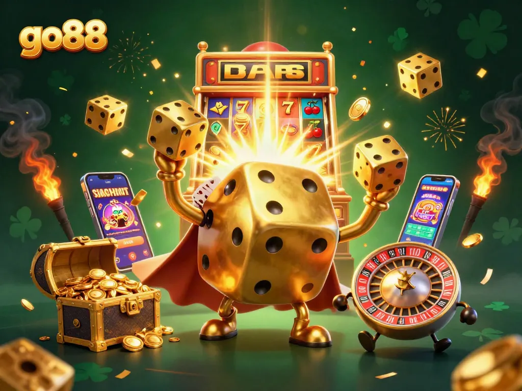 Engage with go88: vibrant casino scene featuring golden dice, slot machines, and jackpot excitement.
