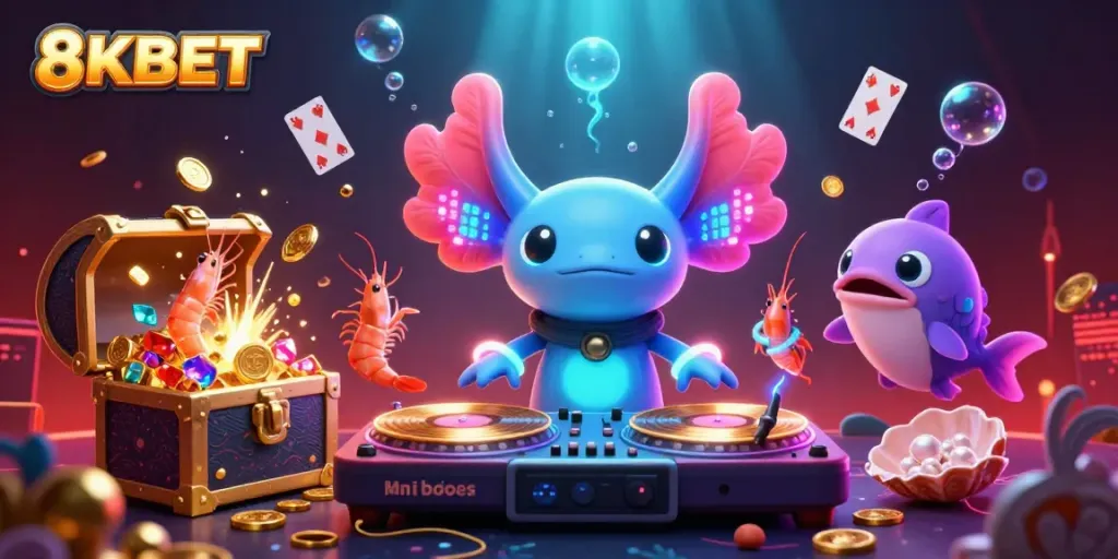 Experience the vibrant energy of 8KBET with a neon underwater casino scene featuring dynamic characters and exciting game elements.