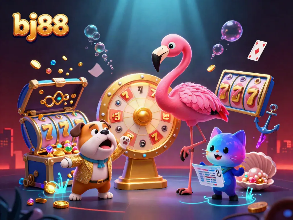 Bet big on bj88 with exciting games and rich prizes in a colorful 3D digital illustration.